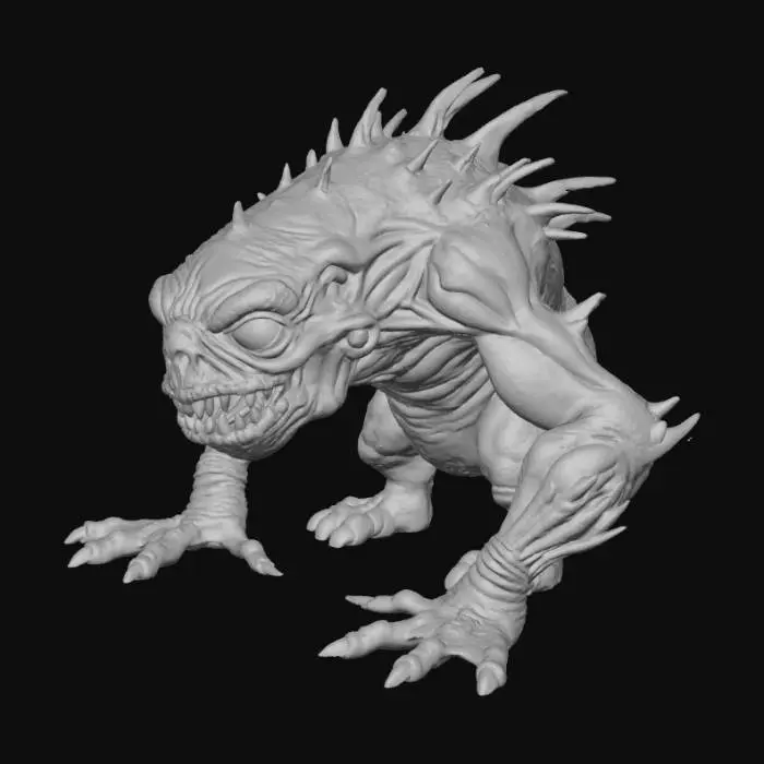 3D model for I want a 3d model super grotesque and as big as a car. It should have veins everywhere,  eyes going in opposite directions, teeth super long and sharp forcing the creatures nothing stretched open. Muscular arms and legs with a fat giant torso with clothes ripping everywhere from the stress of stretching.
