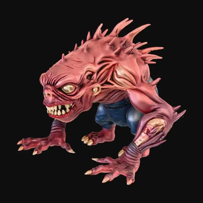 3D model for I want a 3d model super grotesque and as big as a car. It should have veins everywhere,  eyes going in opposite directions, teeth super long and sharp forcing the creatures nothing stretched open. Muscular arms and legs with a fat giant torso with clothes ripping everywhere from the stress of stretching.