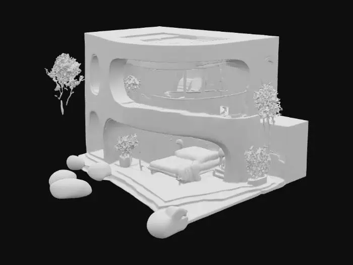 3D model for #PBR#,   Crie uma casa com banheiro sala cozinha quarto com suite e banhriro dentro do quarto  e caragem estilo realista e futurista com cores vivas e brilhantes e lisa