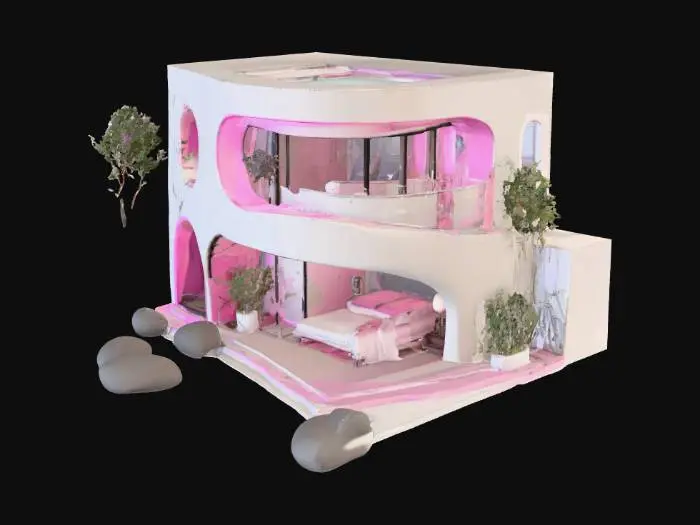 3D model for #PBR#,   Crie uma casa com banheiro sala cozinha quarto com suite e banhriro dentro do quarto  e caragem estilo realista e futurista com cores vivas e brilhantes e lisa