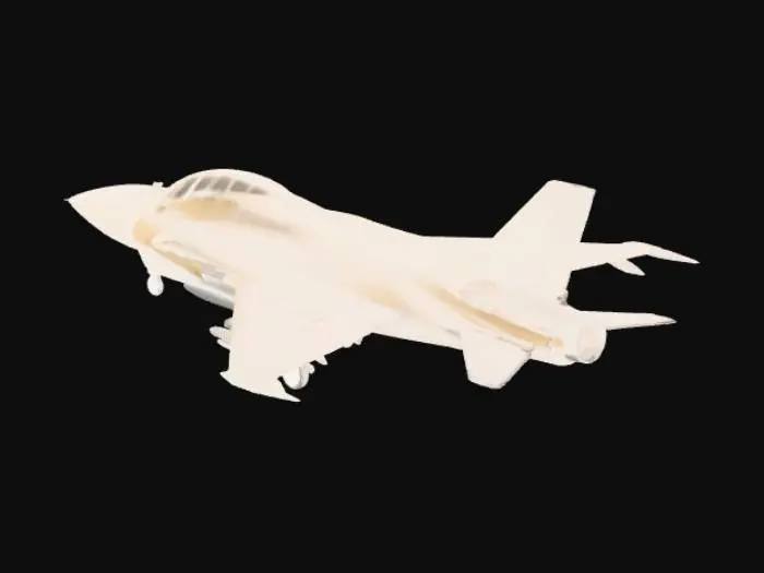 3D model for Um caça de superioridade aérea com um revestimento metálico prateado brilhante e polido, que reflete o ambiente como um espelho. A superfície é perfeitamente lisa, com as linhas de painel hermeticamente seladas e quase invisíveis, transmitindo uma sensação de aerodinâmica extrema. Pequenas marcas de dedos e micro-arranhões são visíveis sob a luz direta. O vidro do para-brisa é impecavelmente incolor e transparente, sem imperfeições, proporcionando visibilidade cristalina.