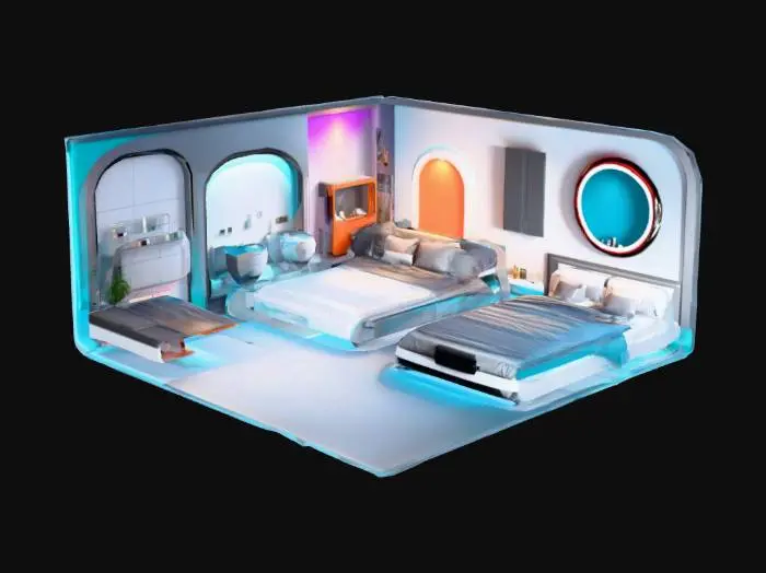 3D model for Crie uma casa com banheiro sala cozinha quarto com suite e banhriro dentro do quarto  e caragem estilo realista e futurista com cores vivas e brilhantes e lisa