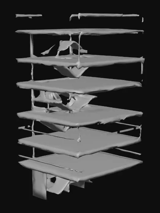 3D model for "Helper" crie um novo modelo do predio com escadas e portas abertas para subir de andar a andar e garagem pra carro e carreta em baixo no terreo