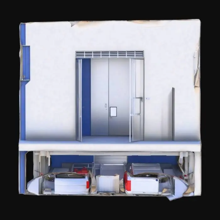 3D model for "Helper" crie um novo modelo do predio com escadas e portas abertas para subir de andar a andar e garagem pra carro e carreta em baixo no terreo