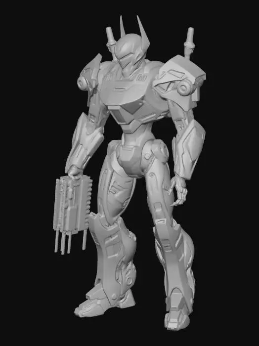 3D model for Futuristic mech warrior standing on a neon-lit battlefield at dusk, sleek armored exosuit with glowing blue and orange energy lines, heavy mechanical arms with built-in weapons, intricate robotic details, cinematic lighting reflecting off metal surfaces, sparks and smoke in the background, dynamic action pose, ultra-detailed, concept art style, high-resolution, dramatic atmosphere, cyberpunk aesthetic.