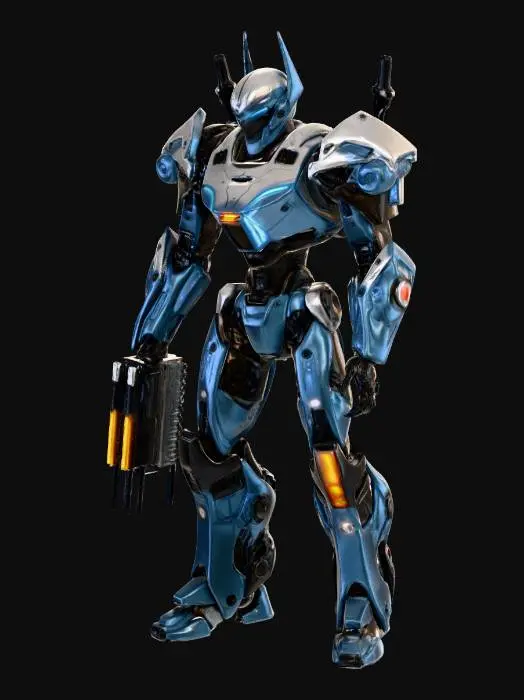 3D model for Futuristic mech warrior standing on a neon-lit battlefield at dusk, sleek armored exosuit with glowing blue and orange energy lines, heavy mechanical arms with built-in weapons, intricate robotic details, cinematic lighting reflecting off metal surfaces, sparks and smoke in the background, dynamic action pose, ultra-detailed, concept art style, high-resolution, dramatic atmosphere, cyberpunk aesthetic.