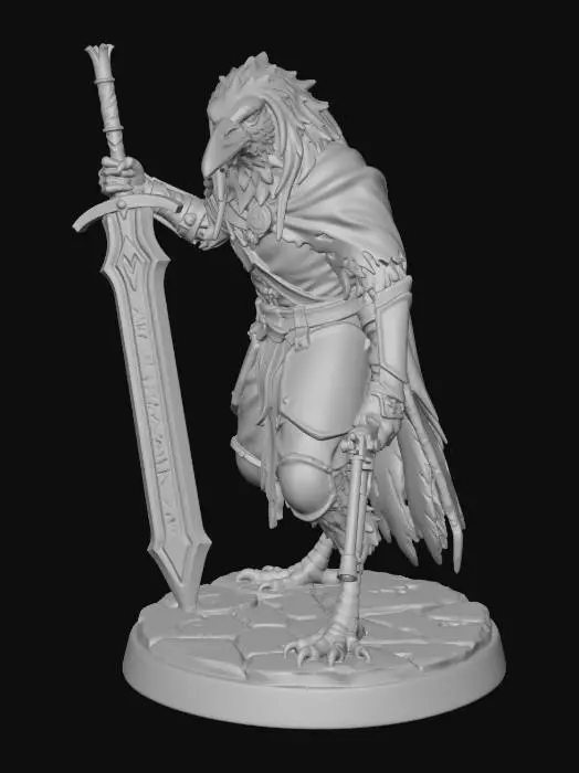 3D model for Profane blood hunter kenku crow humanoid with a great sword and a pistol that has long hair and looks like it's been thru a great war and Is untrustworthy. This will look like a mini for a table top game