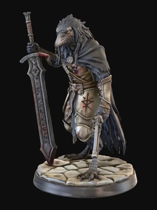 3D model for Profane blood hunter kenku crow humanoid with a great sword and a pistol that has long hair and looks like it's been thru a great war and Is untrustworthy. This will look like a mini for a table top game