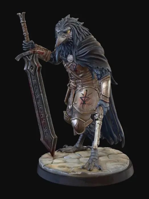 3D model for Profane blood hunter kenku crow humanoid with a great sword and a pistol that has long hair and looks like it's been thru a great war and Is untrustworthy. This will look like a mini for a table top game