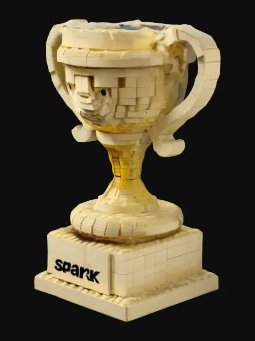 3D model for Generate a trophy inspired by LEGO, with interlocking brick patterns and a modular design. The trophy should have a playful yet sophisticated look, representing creativity and innovation. With a spark over.
On trophy should be writen "Spark lab"