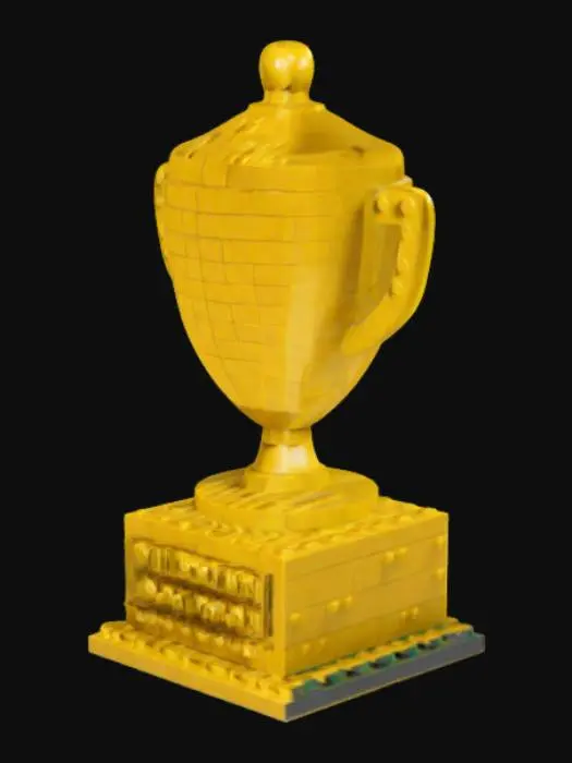 3D model for Design a minimalist, math-themed trophy inspired by 2×3+1=4. Use abstract shapes: a 2×3 rectangular base with subtle LEGO-style studs and 3–5mm walls; a centered smooth-edged block for “+1”; and a pyramid/tetrahedron-style top for “4” with rounded corners. Ensure a flat base and vertical stacking (>45° angles) to avoid supports, with walls ≥2mm thick. No text/logos—just a monolithic, single-color, modern design with chamfered edges.