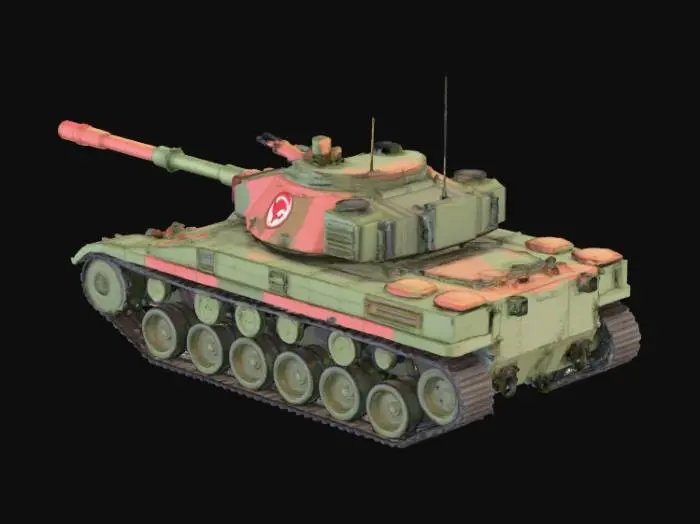 3D model for Generate a stylized 3D model of an anime-style modern battle tank. The design should include a rotating turret with a large cannon, heavy armor plating with bold contours, large caterpillar tracks, and a compact but powerful silhouette. The tank should look heroic and high-tech, inspired by anime shows like 'Girls und Panzer' or 'Code Geass', but remain grounded in real-world tank structure. No legs or humanoid features. Medium polygon count, clean mesh, exportable in FBX or GLB format for use in real-time engines.
with clean topology and smooth surfaces, no bumpy geometry, well-defined shapes and edges, no unnecessary geometry noise