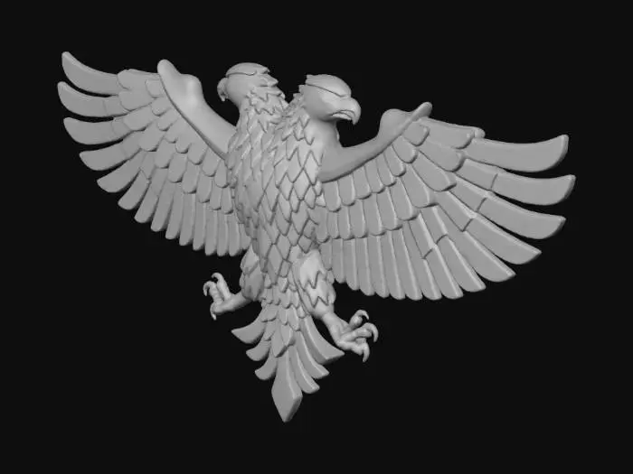 3D model for “Mythical Albanian double-headed eagle, inspired by the national emblem. Two fierce heads facing opposite ways, wings fully spread in a bold symmetrical form. Feathers sharp and stylized like the Albanian flag, deep black with subtle red highlights. Proud, powerful, heroic presence. Background glowing in rich crimson red, symbolizing Albania. Cinematic lighting, ancient-myth energy, strong silhouette, regal and timeless.”
