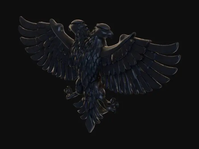 3D model for “Mythical Albanian double-headed eagle, inspired by the national emblem. Two fierce heads facing opposite ways, wings fully spread in a bold symmetrical form. Feathers sharp and stylized like the Albanian flag, deep black with subtle red highlights. Proud, powerful, heroic presence. Background glowing in rich crimson red, symbolizing Albania. Cinematic lighting, ancient-myth energy, strong silhouette, regal and timeless.”