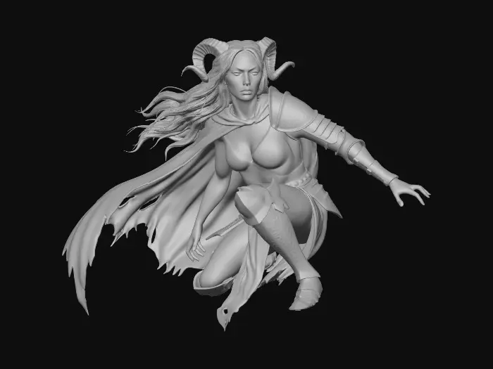 3D model for Beautiful lightly armored female human gargoyle perched on a gothic rooftop cornice. Dutch angle image from below. Dramatic, intense moonlight, her skin is magically changing from stone to porcelain skin and iron armor. She is ghostly, yet serves as a sentry guardian