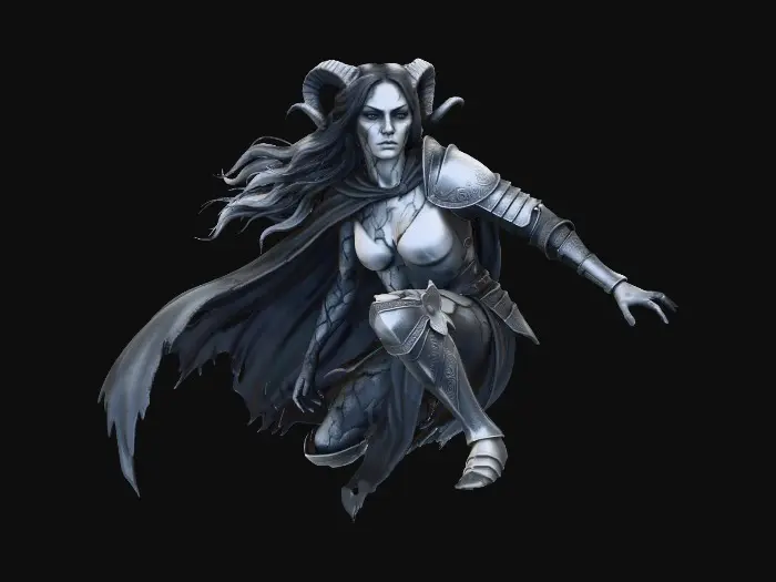 3D model for Beautiful lightly armored female human gargoyle perched on a gothic rooftop cornice. Dutch angle image from below. Dramatic, intense moonlight, her skin is magically changing from stone to porcelain skin and iron armor. She is ghostly, yet serves as a sentry guardian