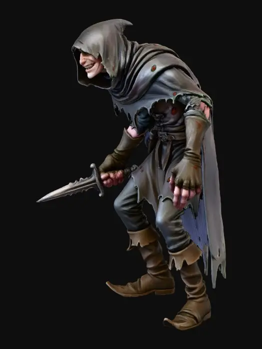 3D model for A dungeons and Dragons style character illustration, full-length, hooded thief with scrawny builds and poor posture, paper and color pencil detail.
