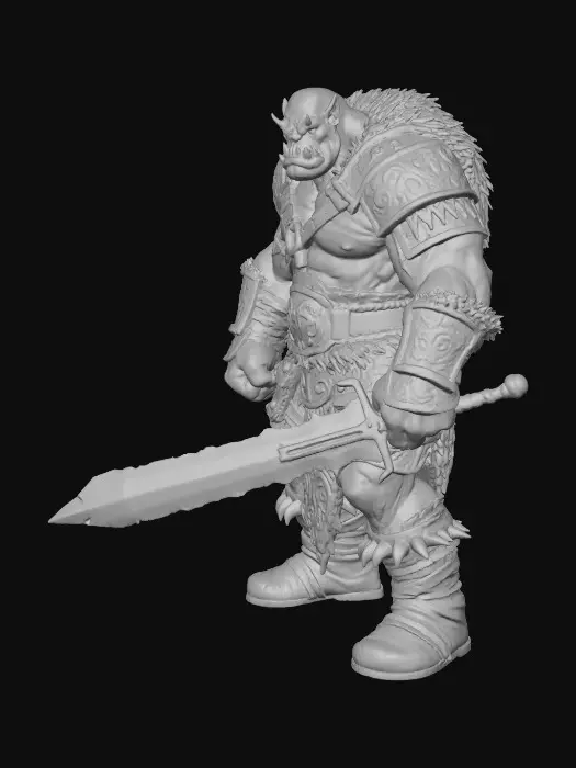 3D model for A dungeons and Dragons style character illustration, full-length, Orc barbarian with heavy broad sword, paper and color pencil detail.