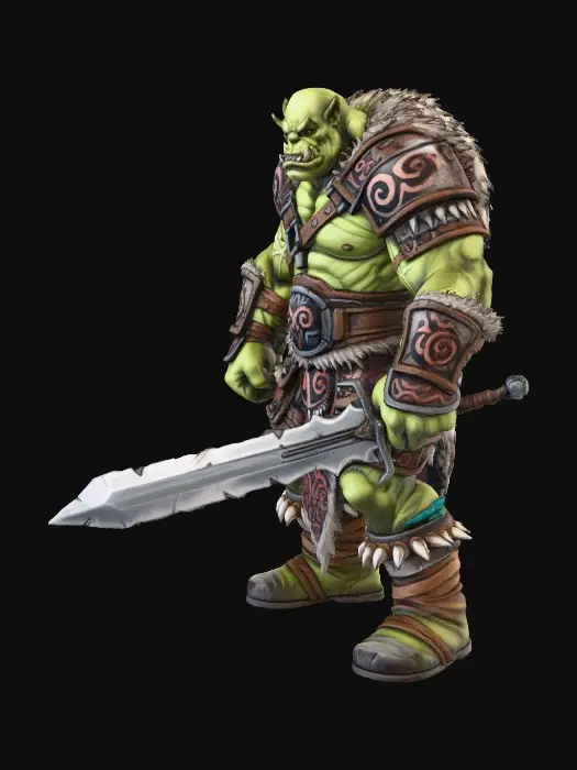 3D model for A dungeons and Dragons style character illustration, full-length, Orc barbarian with heavy broad sword, paper and color pencil detail.