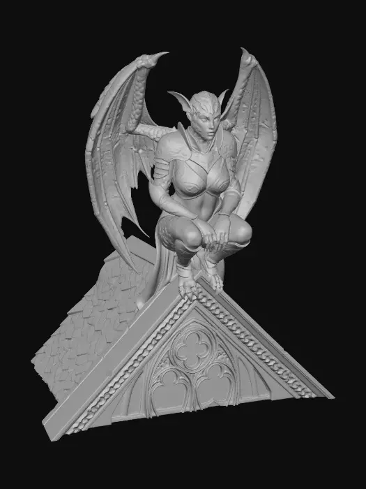 3D model for Beautiful lightly armored female human gargoyle perched on a gothic rooftop cornice. Dutch angle image from below. Dramatic, intense moonlight, her skin is magically changing from stone to porcelain skin and iron armor. She is ghostly, yet serves as a sentry guardian