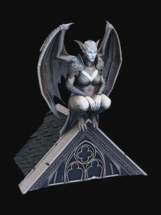 3D model for Beautiful lightly armored female human gargoyle perched on a gothic rooftop cornice. Dutch angle image from below. Dramatic, intense moonlight, her skin is magically changing from stone to porcelain skin and iron armor. She is ghostly, yet serves as a sentry guardian
