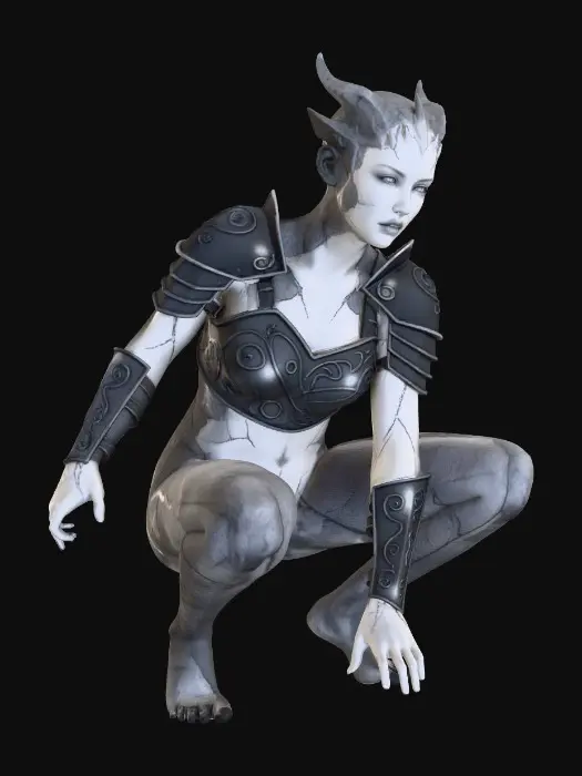 3D model for Beautiful lightly armored female human gargoyle perched on a gothic rooftop cornice. Dutch angle image from below. Dramatic, intense moonlight, her skin is magically changing from stone to porcelain skin and iron armor. She is ghostly, yet serves as a sentry guardian