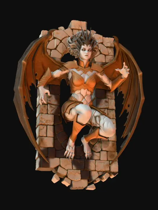 3D model for A Beautiful human female gargoyle, emerges from a high gothic stone wall, Her arms are extended outward clawing at the air to suggest great struggle and effort to free herself from the stone wall prison. Her ghostly pale skin has texture marbling the stone wall. Dramatic, intense moonlight, her skin is magically changing from stone to bronze and rusted iron armor. She is ghostly, noble and fierce guardian.