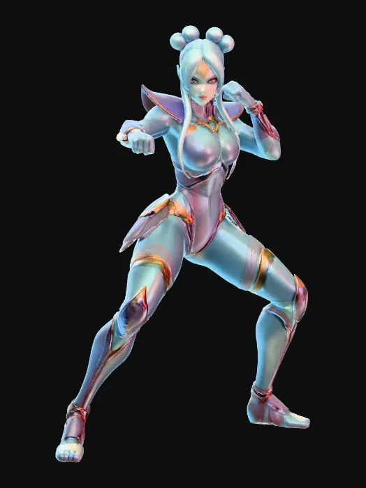 3D model for blue figure from reference image 1 in the fighting pose from reference 2