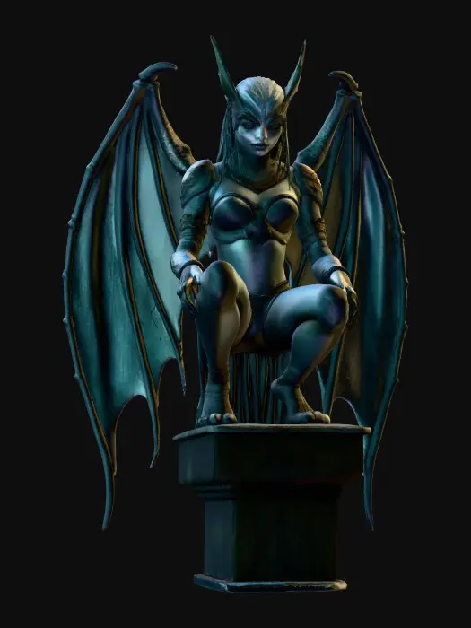 3D model for Beautiful light armored female human gargoyle perched on a gothic dutch angle cornice of a rooftop. Dramatic, intense moonlight, her skin is transitioning from porous stone to porcelain skin. She is ghostly, yet serves as a guardian