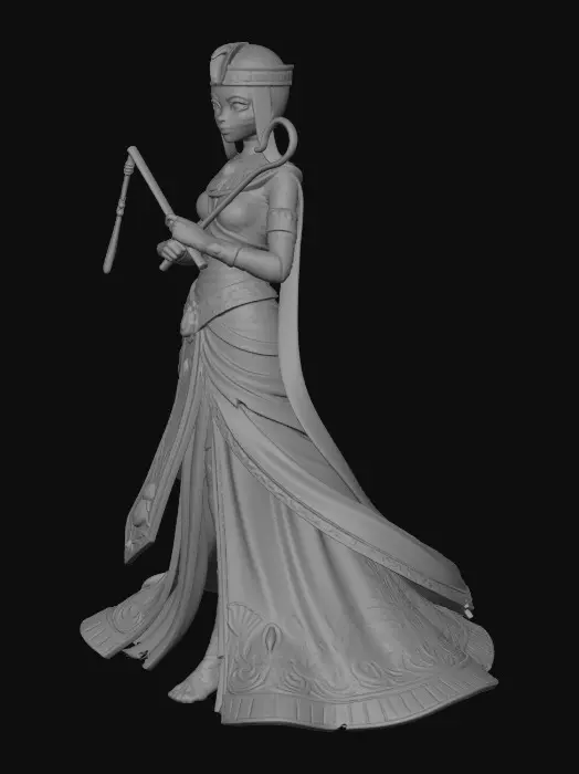 3D model for Full-length image of a Pale, Egyptian queen wrapped in aged beige bandages that crisscross the torso and spiral tightly around the arms and neck, worn and slightly stained fabric with frayed edges and matte texture. Long, Angular face with hollowed cheeks and narrow jawline, cracked porcelain-like gray skin with fine fissures and vein-like markings, darkened eye sockets, glowing golden-yellow eyes with an intense, unnatural gaze, Black shoulder length hair. Heavy, dusty, weathered dark Royal blue hood draped over the head, rough textured fabric casting deep shadows, layered dark cloth around neck and shoulders. Fabric wrap is looser at torso exposing more weathered cocking skin. Tarnished golden headdress. Dark fantasy style.