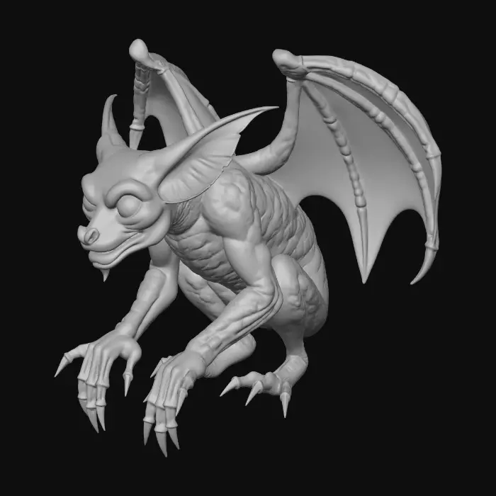 3D model for Beautiful gargoyle perched on a gothic dutch angle cornice of a rooftop. Dramatic, intense moonlight, her skin is transitioning from porous stone to porcelain skin.