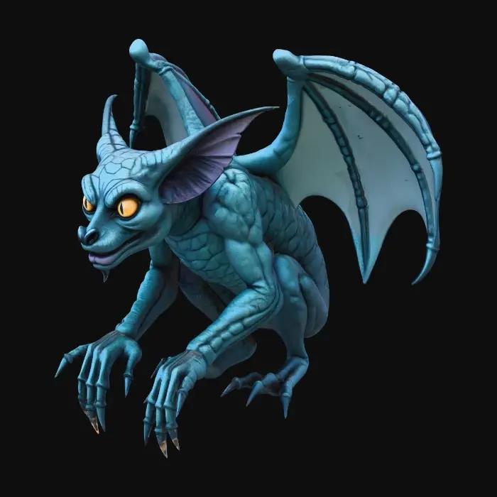 3D model for Beautiful gargoyle perched on a gothic dutch angle cornice of a rooftop. Dramatic, intense moonlight, her skin is transitioning from porous stone to porcelain skin.