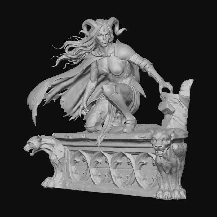 3D model for Beautiful lightly armored female human gargoyle perched on a gothic rooftop cornice. Dutch angle image from below. Dramatic, intense moonlight, her skin is magically changing from stone to porcelain skin and iron armor. She is ghostly, yet serves as a sentry guardian