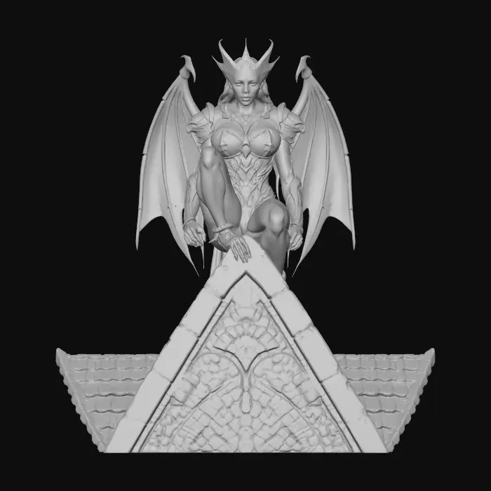 3D model for Beautiful light armored female human gargoyle perched on a gothic dutch angle cornice of a rooftop. Dramatic, intense moonlight, her skin is transitioning from porous stone to porcelain skin.