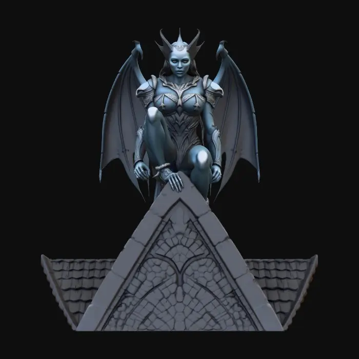 3D model for Beautiful light armored female human gargoyle perched on a gothic dutch angle cornice of a rooftop. Dramatic, intense moonlight, her skin is transitioning from porous stone to porcelain skin.