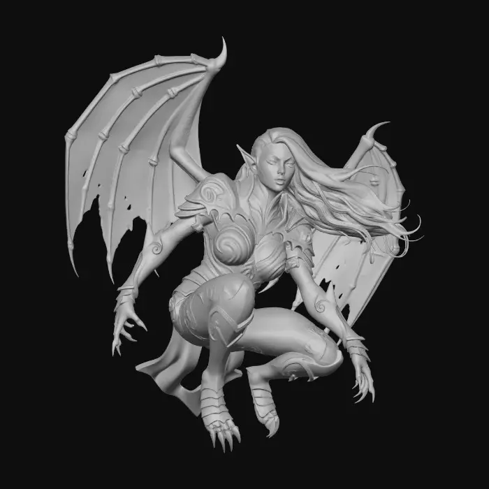 3D model for Beautiful lightly armored female human gargoyle perched on a gothic rooftop cornice. Dutch angle image from below. Dramatic, intense moonlight, her skin is magically changing from stone to porcelain skin and iron armor. She is ghostly, yet serves as a sentry guardian