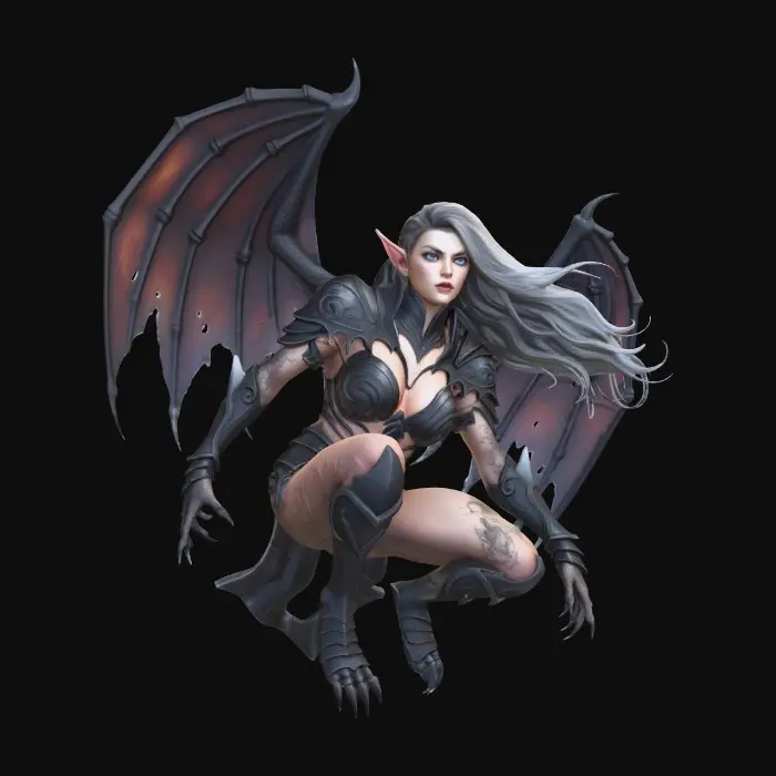 3D model for Beautiful lightly armored female human gargoyle perched on a gothic rooftop cornice. Dutch angle image from below. Dramatic, intense moonlight, her skin is magically changing from stone to porcelain skin and iron armor. She is ghostly, yet serves as a sentry guardian