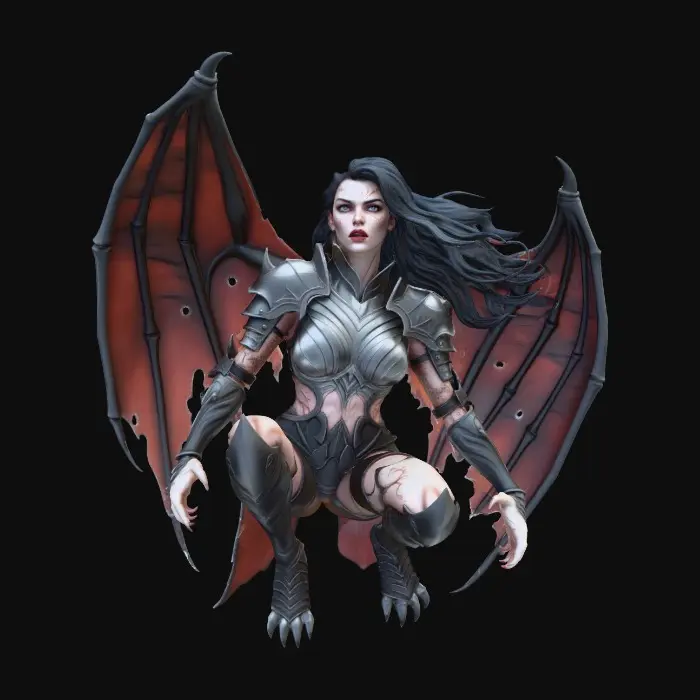 3D model for Beautiful lightly armored female human gargoyle perched on a gothic rooftop cornice. Dutch angle image from below. Dramatic, intense moonlight, her skin is magically changing from stone to porcelain skin and iron armor. She is ghostly, yet serves as a sentry guardian