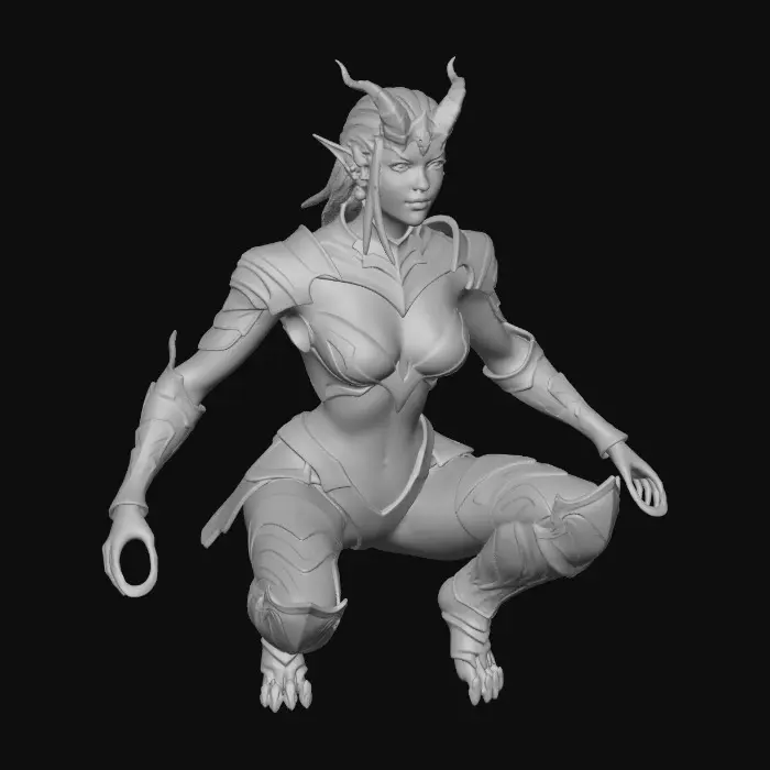 3D model for Beautiful lightly armored female human gargoyle perched on a gothic rooftop cornice. Dutch angle image from below. Dramatic, intense moonlight, her skin is magically changing from stone to porcelain skin and iron armor. She is ghostly, yet serves as a sentry guardian