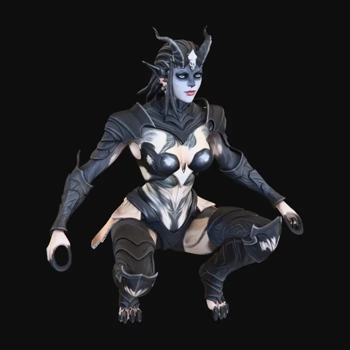 3D model for Beautiful lightly armored female human gargoyle perched on a gothic rooftop cornice. Dutch angle image from below. Dramatic, intense moonlight, her skin is magically changing from stone to porcelain skin and iron armor. She is ghostly, yet serves as a sentry guardian