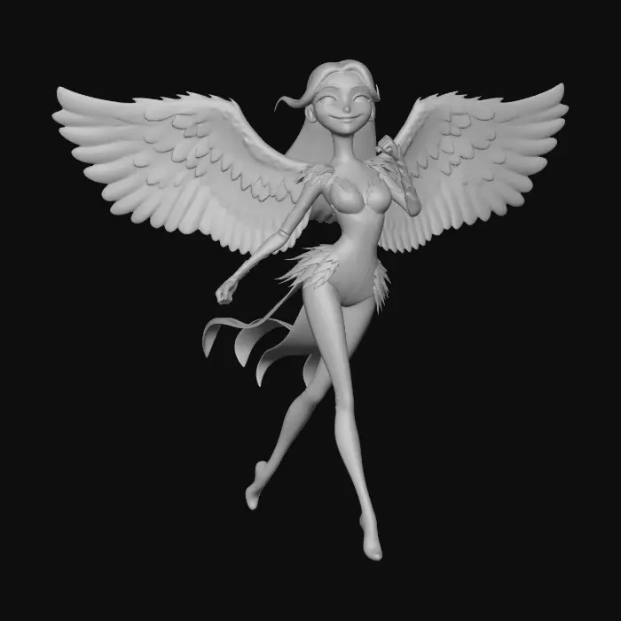 3D model for Cute slender female angel guardian with wry smile dressed in white with iridescent highlights. Manga anime, 3D cinematic animation style. Exaggerated hourglass figure. clothing is form-fitting layered silk mimicking feathers. Graceful athletic Pose -- long stride preparing to take flight. simplify the complexity for 3D interpretation