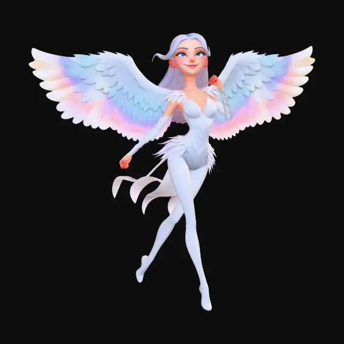3D model for Cute slender female angel guardian with wry smile dressed in white with iridescent highlights. Manga anime, 3D cinematic animation style. Exaggerated hourglass figure. clothing is form-fitting layered silk mimicking feathers. Graceful athletic Pose -- long stride preparing to take flight. simplify the complexity for 3D interpretation