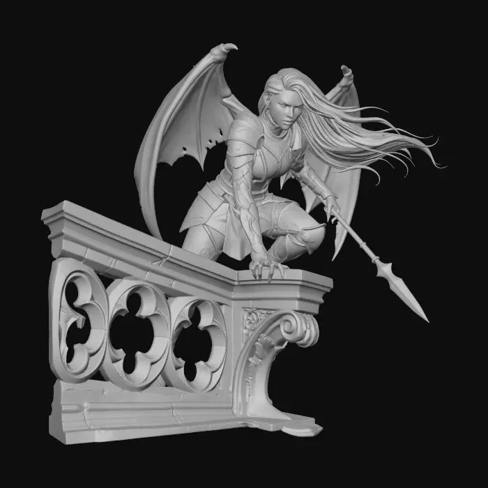 3D model for Beautiful lightly armored female human gargoyle perched on a gothic rooftop cornice. Dutch angle image from below. Dramatic, intense moonlight, her skin is magically changing from stone to porcelain skin and iron armor. She is ghostly, yet serves as a sentry guardian