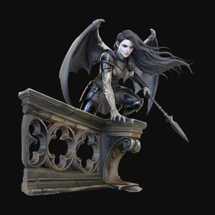 3D model for Beautiful lightly armored female human gargoyle perched on a gothic rooftop cornice. Dutch angle image from below. Dramatic, intense moonlight, her skin is magically changing from stone to porcelain skin and iron armor. She is ghostly, yet serves as a sentry guardian