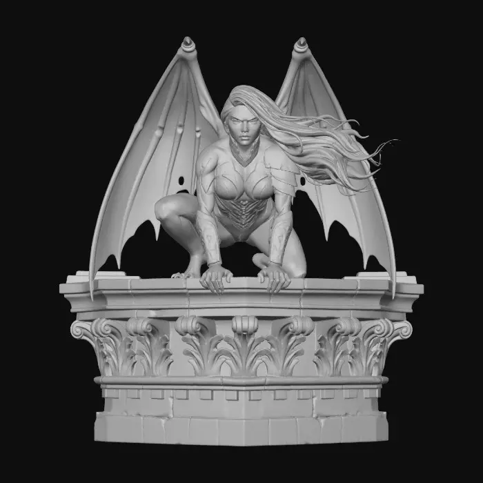 3D model for Beautiful lightly armored female human gargoyle perched on a gothic rooftop cornice. Dutch angle image from below. Dramatic, intense moonlight, her skin is magically changing from stone to porcelain skin and iron armor. She is ghostly, yet serves as a sentry guardian