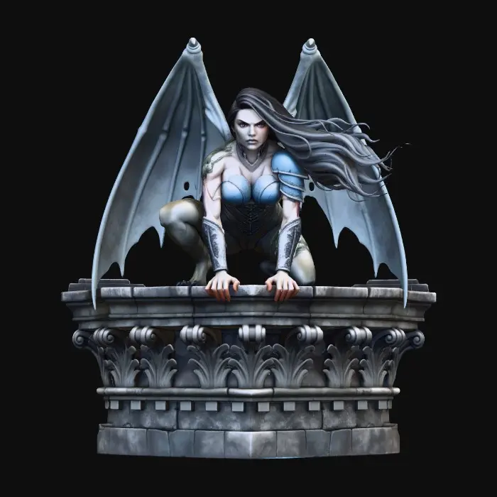 3D model for Beautiful lightly armored female human gargoyle perched on a gothic rooftop cornice. Dutch angle image from below. Dramatic, intense moonlight, her skin is magically changing from stone to porcelain skin and iron armor. She is ghostly, yet serves as a sentry guardian