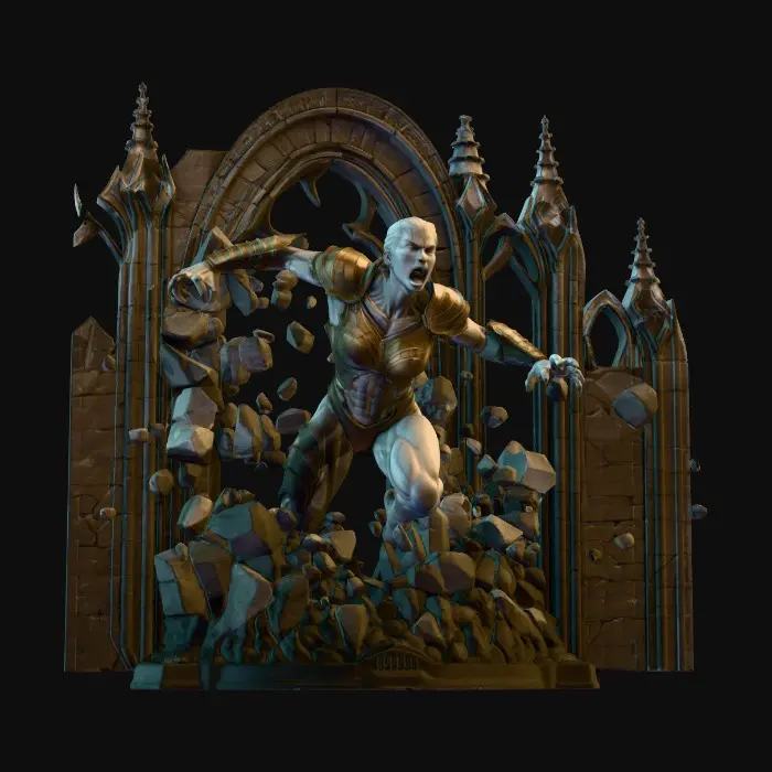 3D model for A Beautiful human female gargoyle, emerges from a high gothic stone wall with explosive force, Her ghostly pale skin has the  texture of the stone wall. Her arms are extended outward, one pushing away from the stone, one clawing at the air to suggest great struggle and effort to free herself. Stones crumble away from the wall as she pushes through the wall.  Dramatic, intense moonlight, her skin is magically changing from stone to dark bronze and rusted iron armor. She is a ghostly, noble and fierce guardian.