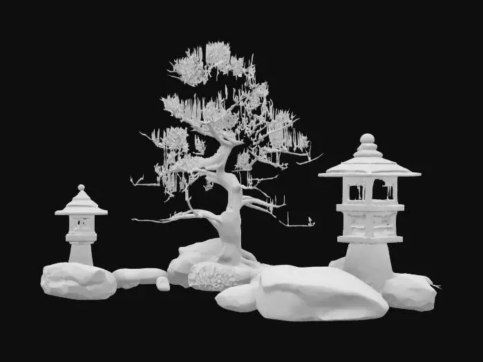 3D model for #garden#, miniature japanese zen garden, smooth raked gravel patterns, bonsai tree, stone lanterns, bamboo, moss patches, serene and balanced composition, stylized, clean details