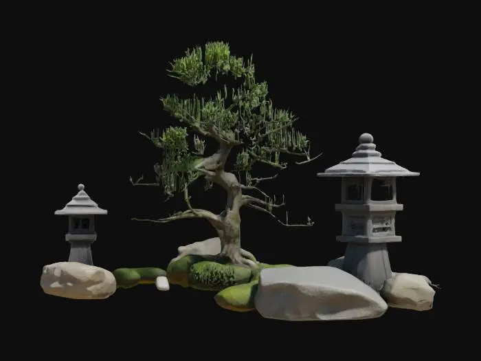 3D model for #garden#, miniature japanese zen garden, smooth raked gravel patterns, bonsai tree, stone lanterns, bamboo, moss patches, serene and balanced composition, stylized, clean details