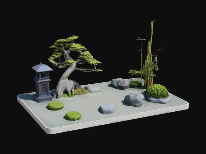 3D model for #garden#, miniature japanese zen garden, smooth raked gravel patterns, bonsai tree, stone lanterns, bamboo, moss patches, serene and balanced composition, stylized, clean details